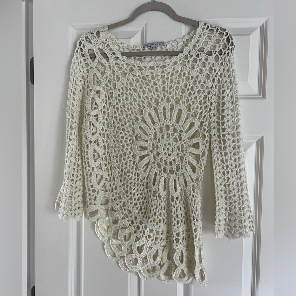 Tempo Paris women’s crochet knit spider web top - S - ivory/silver